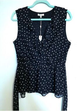 Max Studio Fairycore Star Print Wrap Blouse Ruffle Trim Sleeveless Peplum Hem
